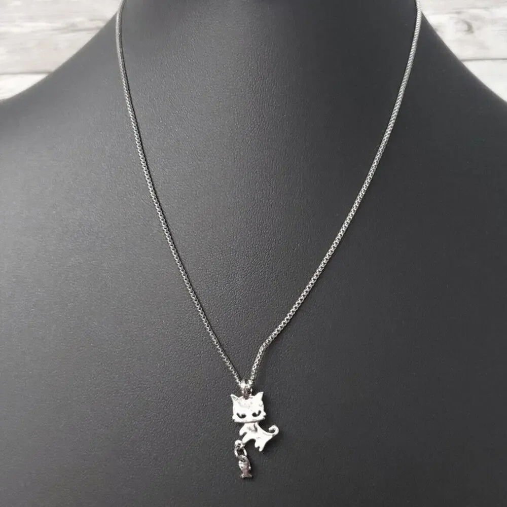 Silver Tone Cat with Fish Pendant Necklace - Whimsical